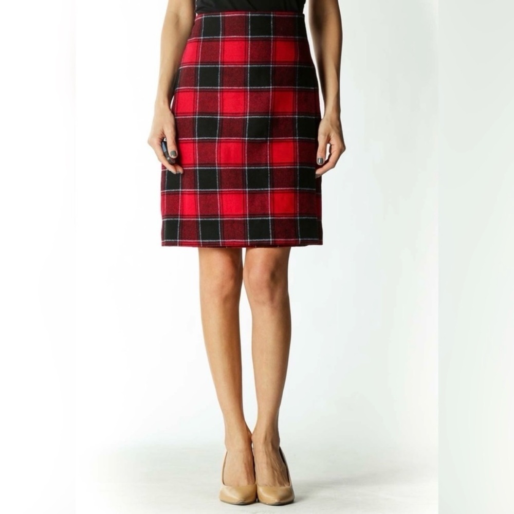 Talbots Women’s Red Black Baby Blue Plaid Faux Wrap Lined Wool Blend Skirt 4